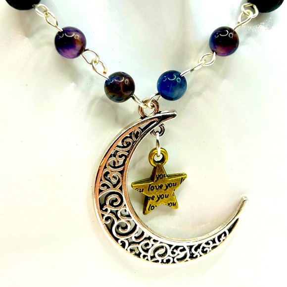 Handmade Moon & Star Necklace Set with Natural Tiger Eye and Lava Rock Stones! - Picture 7 of 13